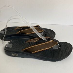 Chaco Vibram Flip Flops Sandals Brown Tan Orange Stripe Gorpcore Hiking Scandi